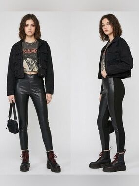 Fate High Waist Faux Leather Ponte Leggings Mixed Media Moto Black Size Small